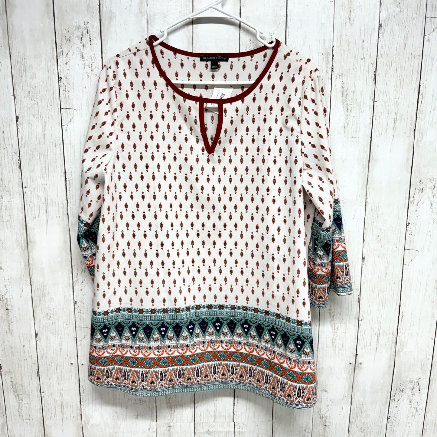 SIGNATURE STUDIO Tunic Top Women Size L 3/4 Sleeve Boho Keyhole Tribal Dress