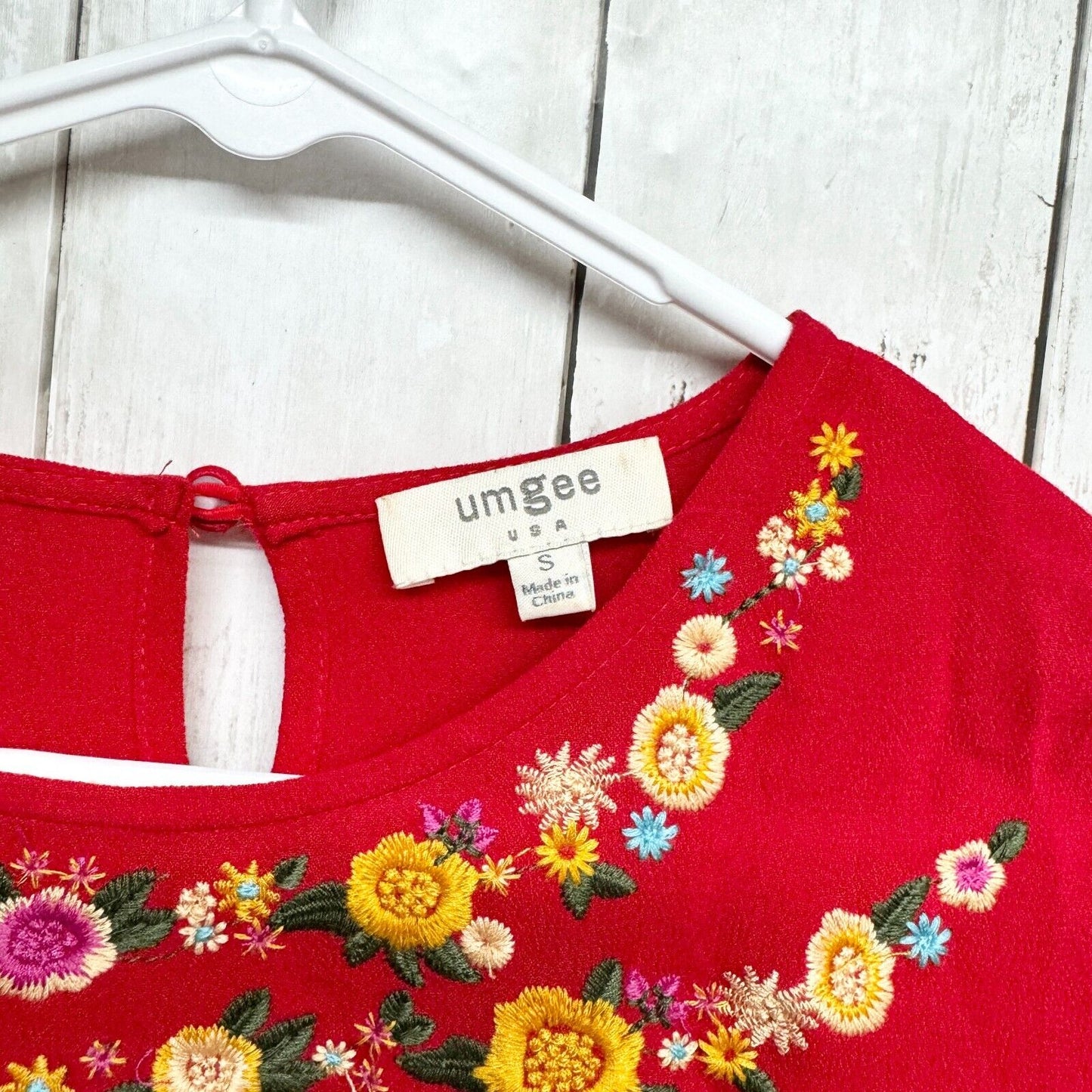 UMGEE Dress Women Small Red Floral Embroidered Mini Boho Short Sleeve Cotton