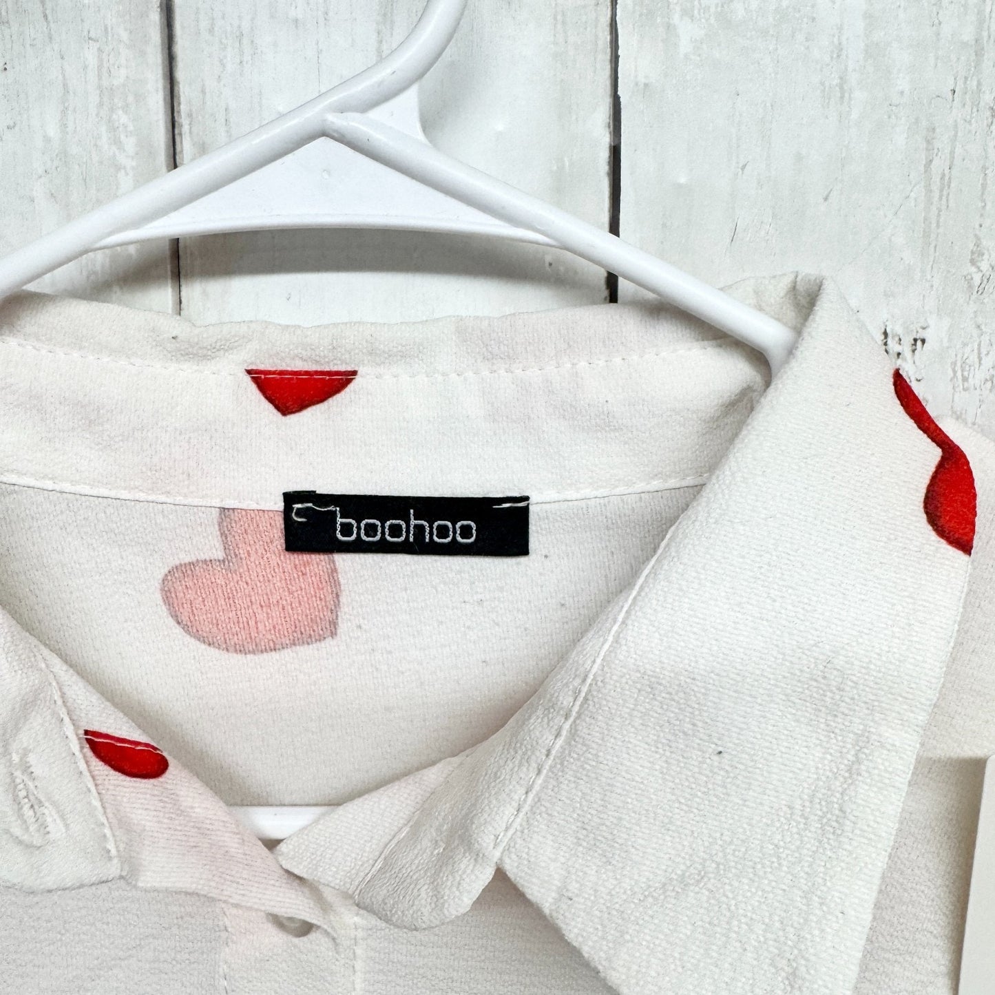 Boohoo Shirt Women Chest 42" White Heart Collared Long Sleeve Button Down Blouse