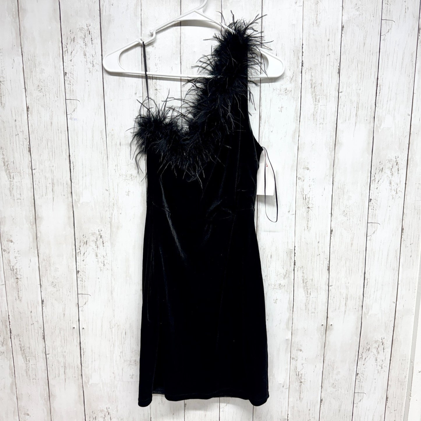 Altar'd State Dress Women Size Small Black Satin One Shoulder Feather Mini Glam