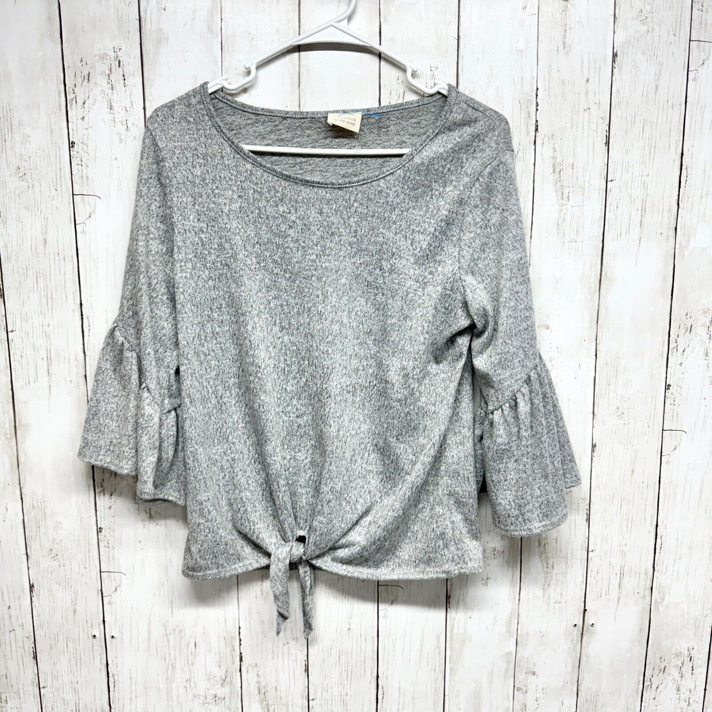 CAUTION TO THE WIND Sweater Women Size Medium Bell Sleeve Grey Knotted Crop