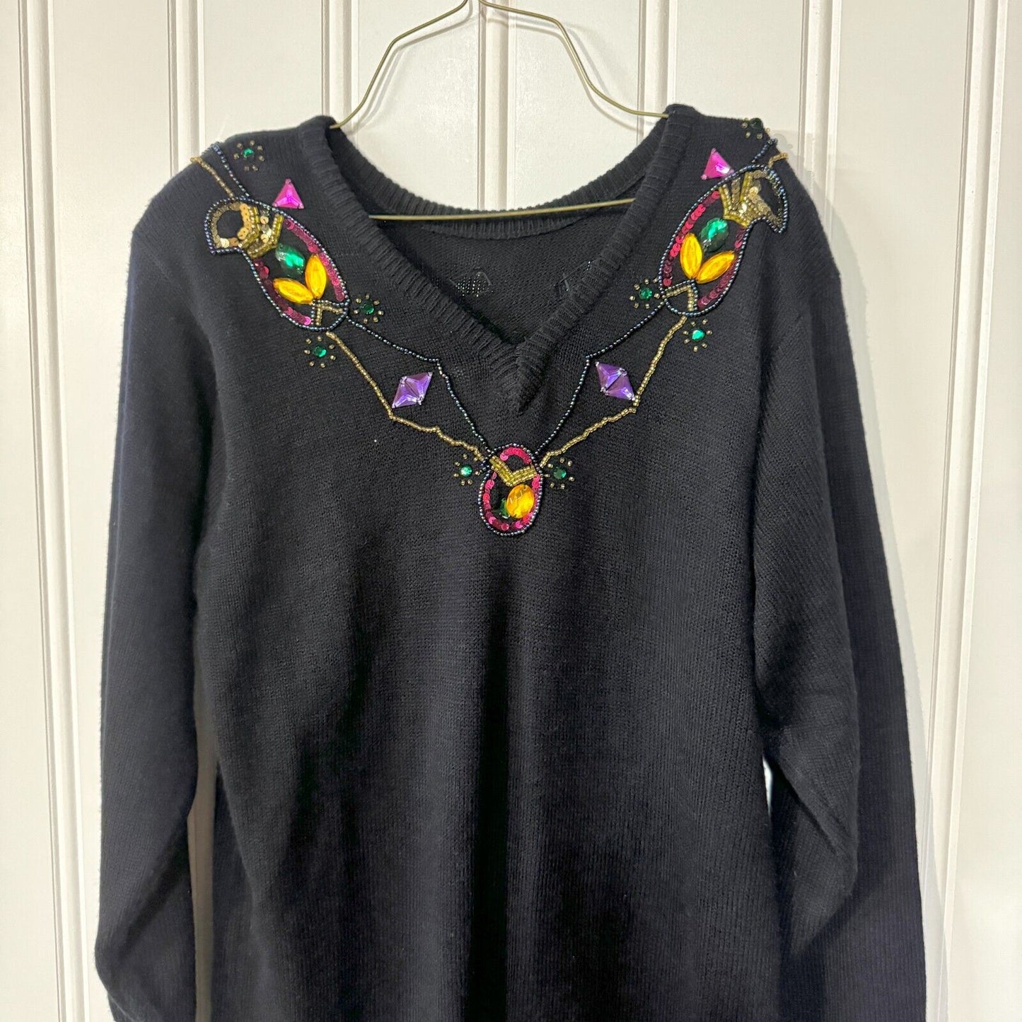 Vintage R&K Dress Women Size Medium Sweater Navy Blue Sequin Midi Long Sleeve