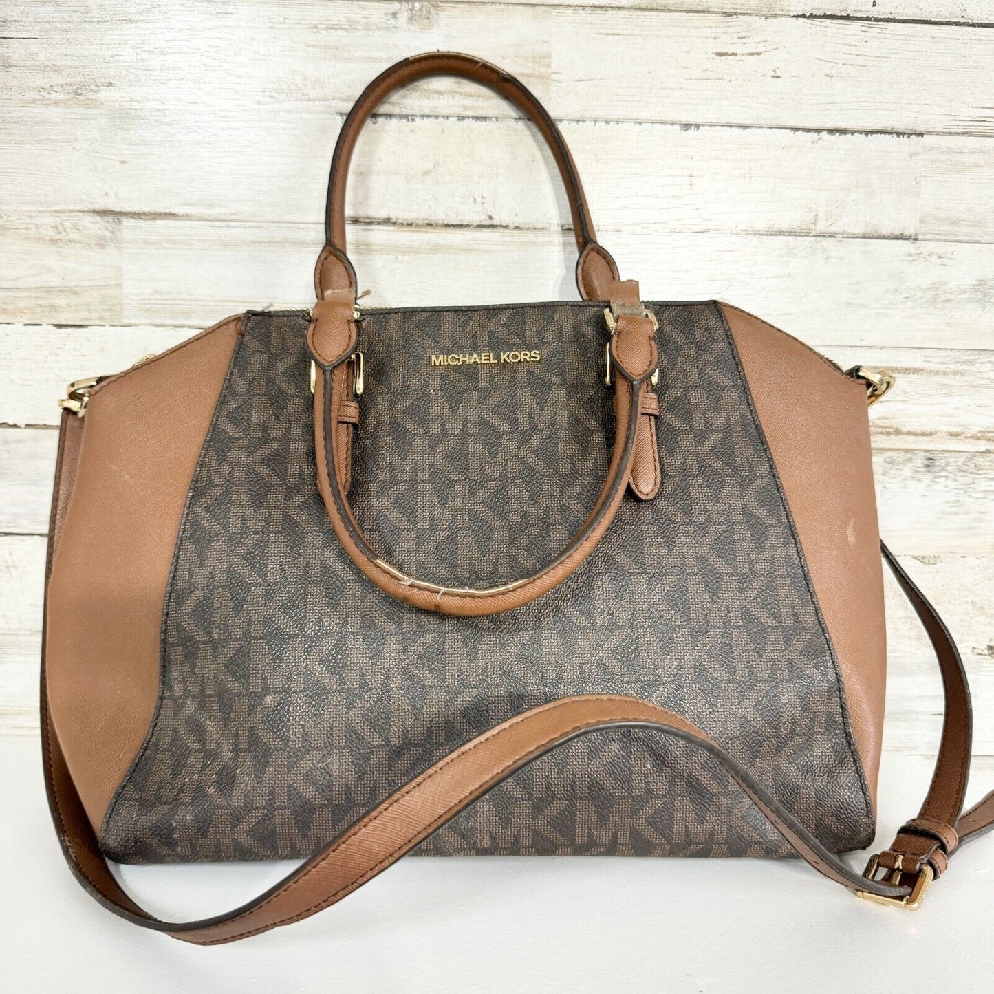 MICHAEL KORS Women Crossbody/ Handbag Logo Printed Brown Leather Handled