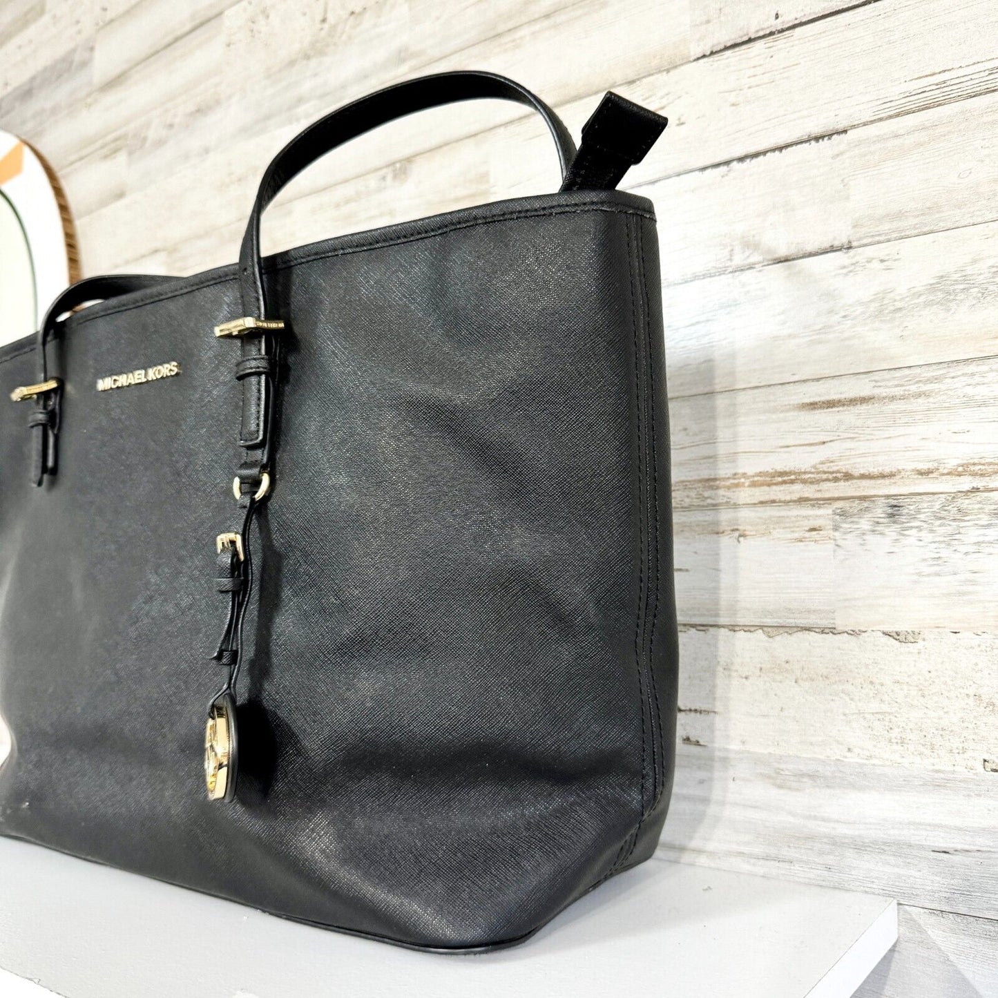 MICHAEL KORS Women Large Extra Slim Black Jet Setter Pebbled Leather Tote Bag