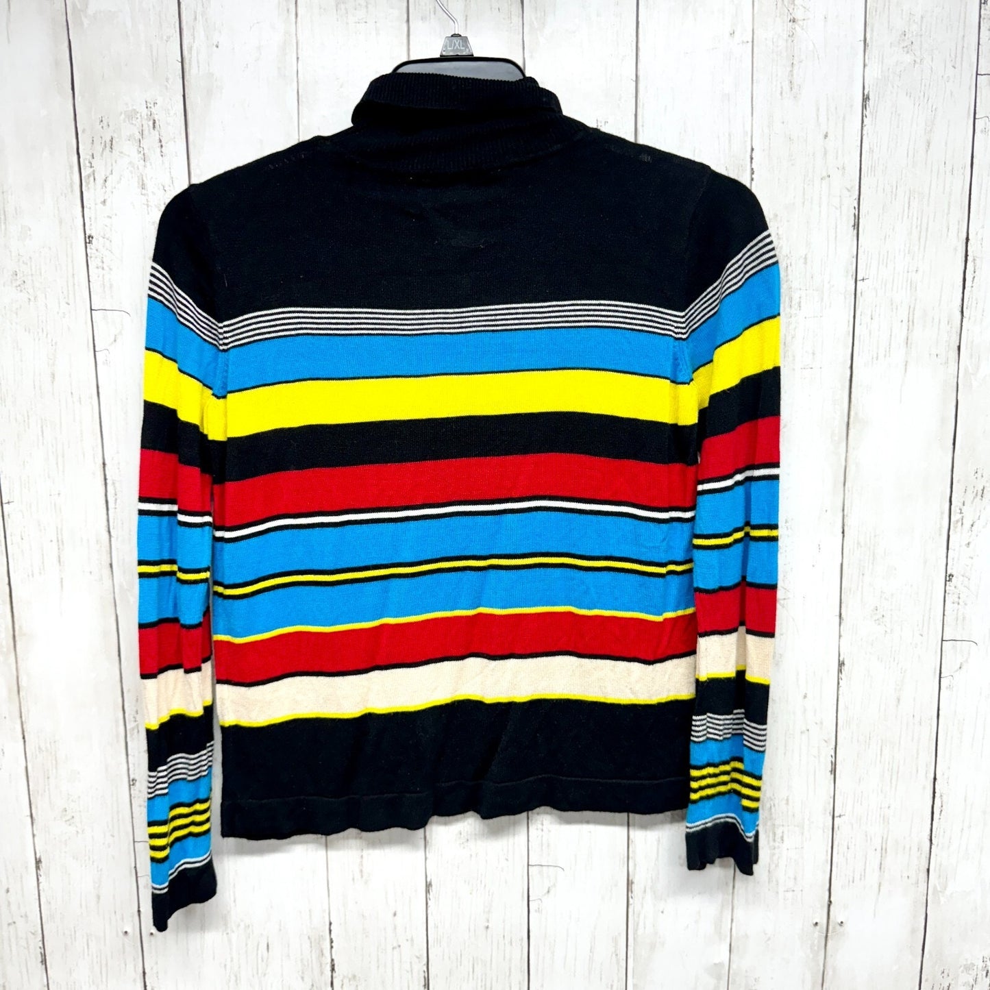 VTG Modcloth Women Top M Black Colorful Striped Viscose Turtleneck Long Sleeve
