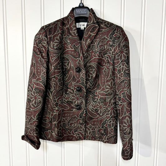 Vintage Le Suit Paisley Brown Button Collared Rustic Blazer Size 8