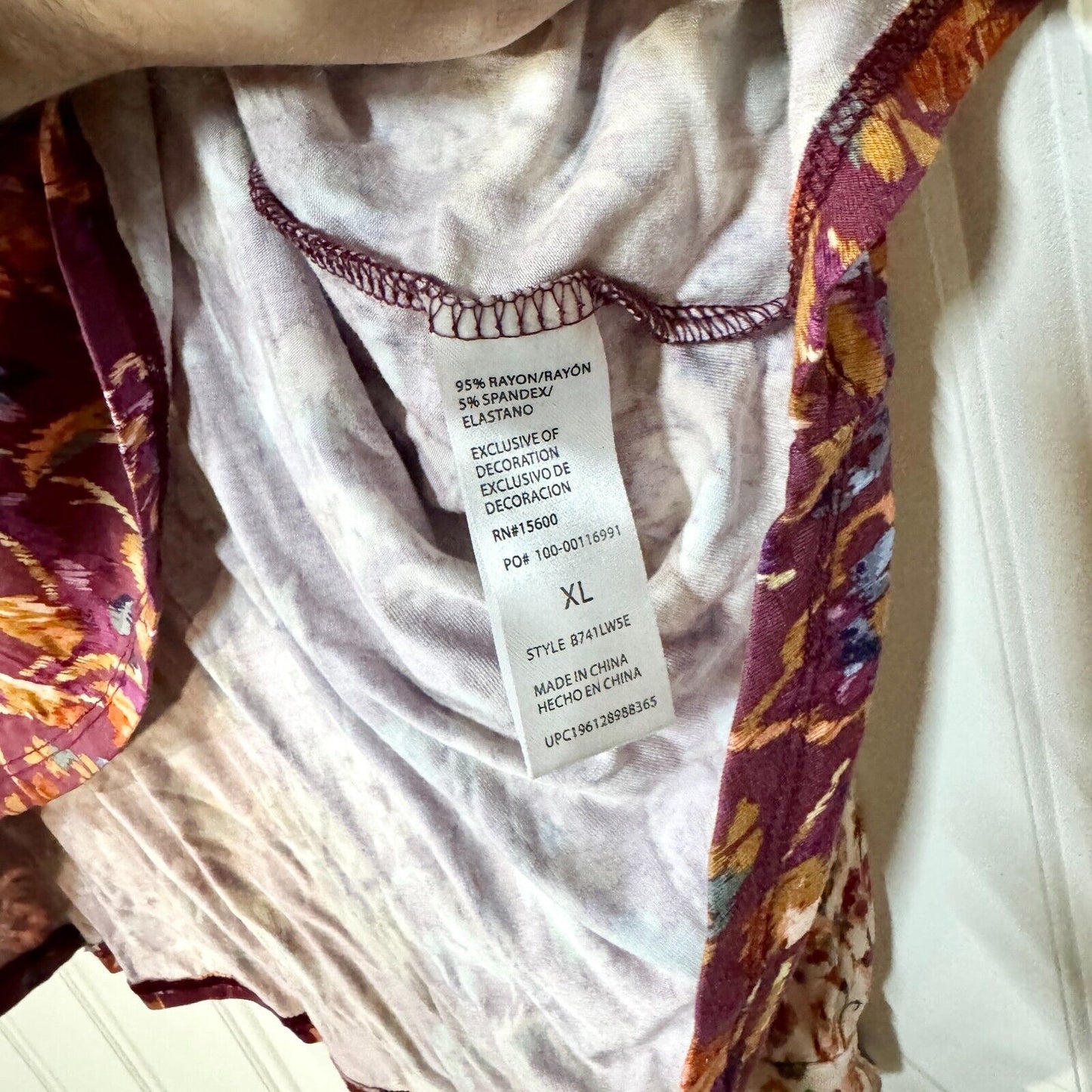 Democracy Top Woman XL Purple/Multicolor Jersey Long Sleeve Popover Ruffle