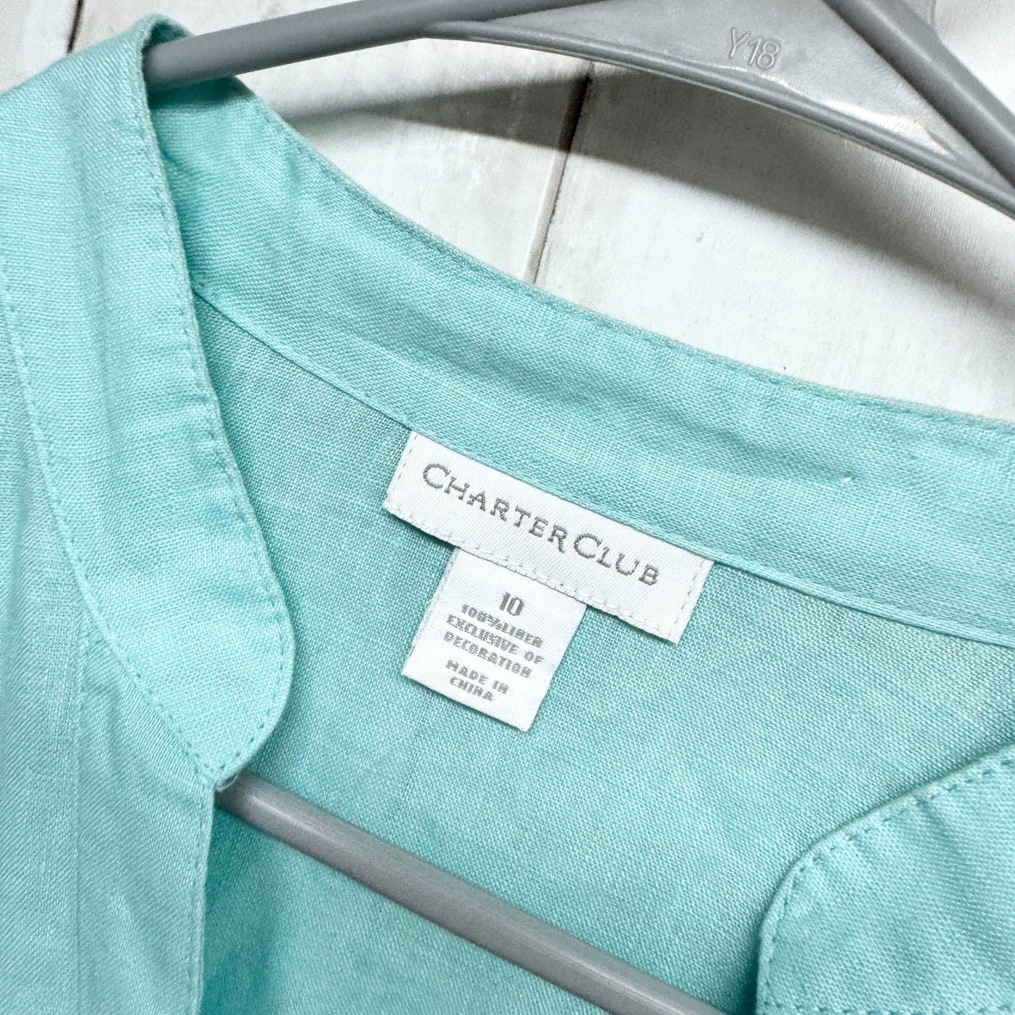 Charter Club Shirt Women Size 10 Turquoise Linen Long Sleeve Button Down Blouse