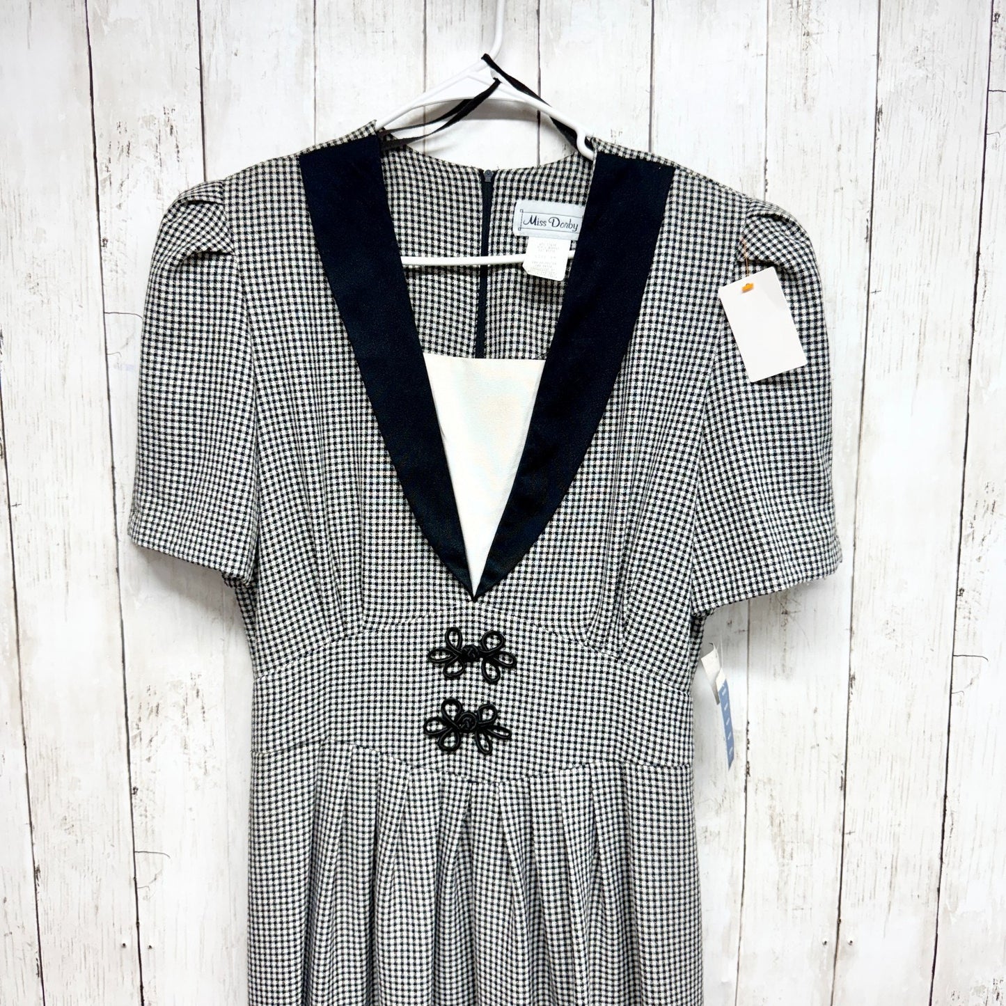 New Vintage Miss Dorby Dress Women 14 Petites Gingham V-Neck Short Sleeve Midi
