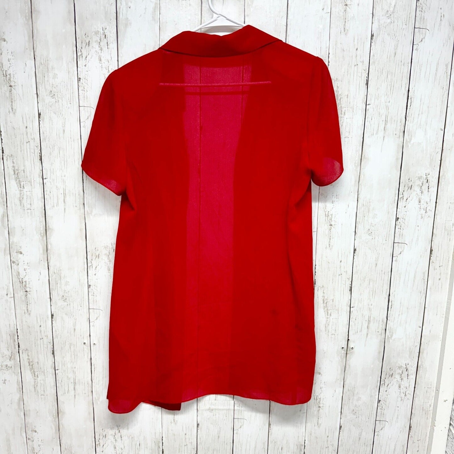 VTG STUDIO 1 Shirt Women Sz 8P Open Front Red Short Sleeve Sheer Collared Floral