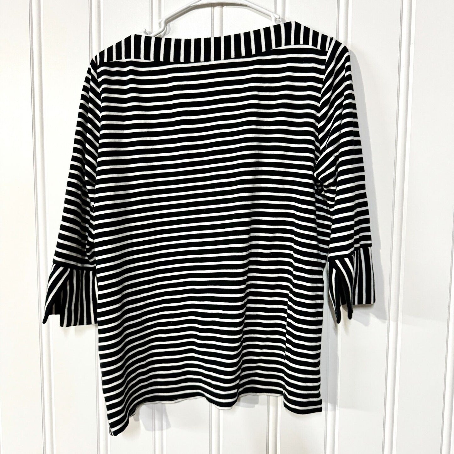 Gerry Weber Top Women Size 10 Black & White Open Neck 3/4 Sleeve Blouse Button