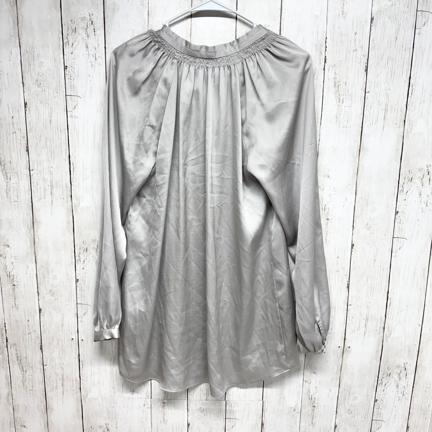 Zara Basic Top Women Sz XS Satin Button Front Long Sleeve Blouse Silver V Neck