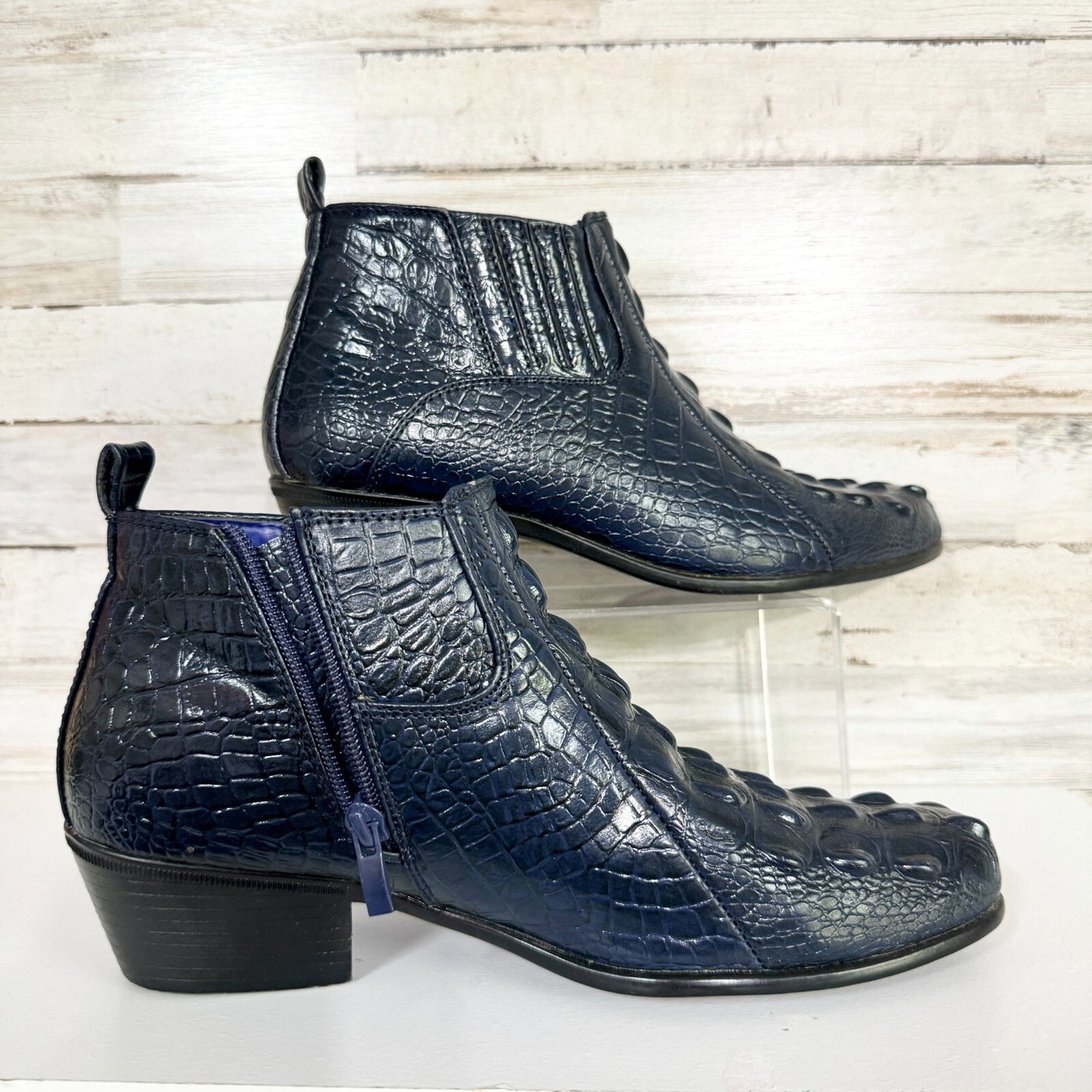 Roberto Chillini Mens Size 8.5 Blue Ultra Gator Embossed Ankle Boot Zip Up Heel