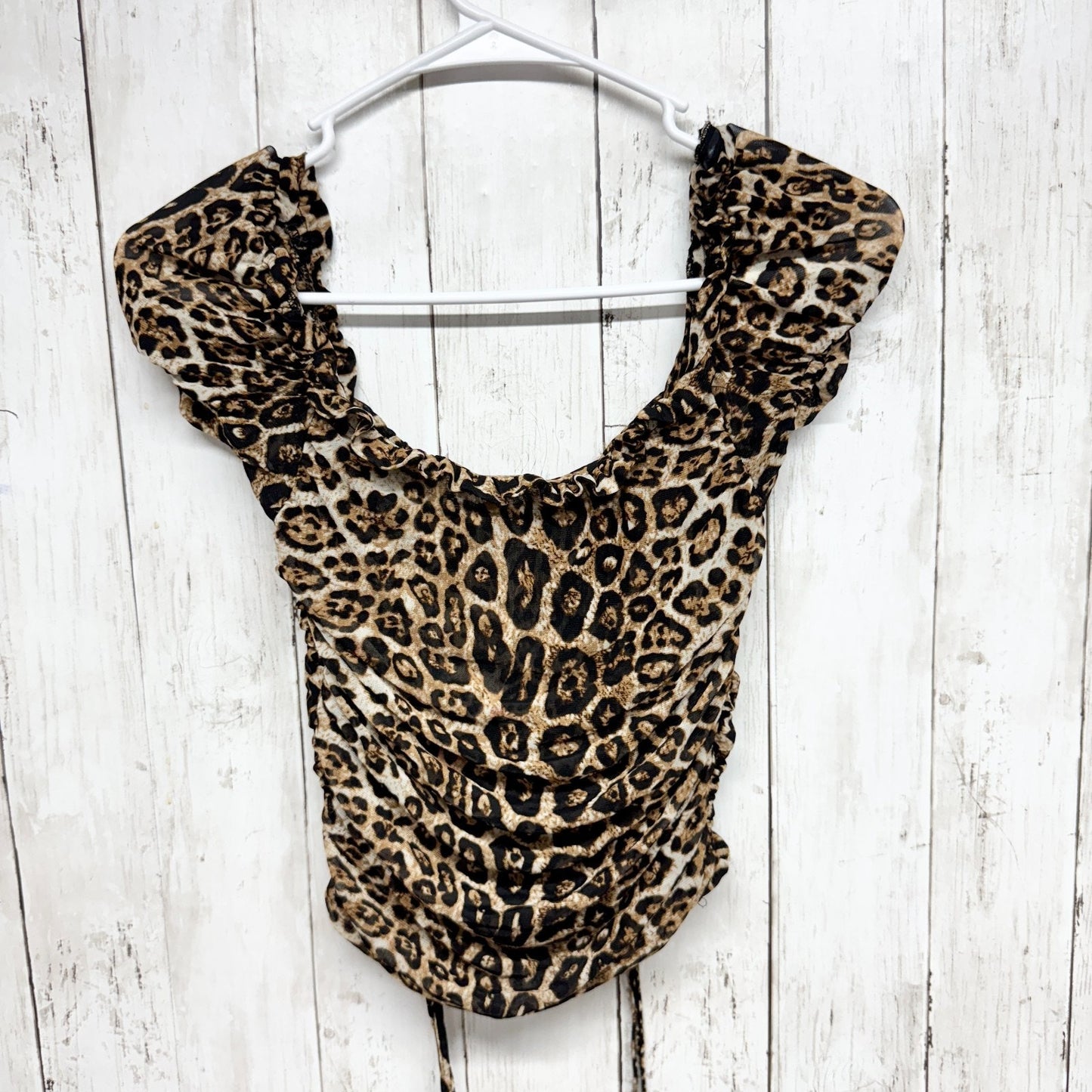 Tiger Mist Shirt Women Small Cheetah Print Cinched Ruched Short Sleeve Blouse
