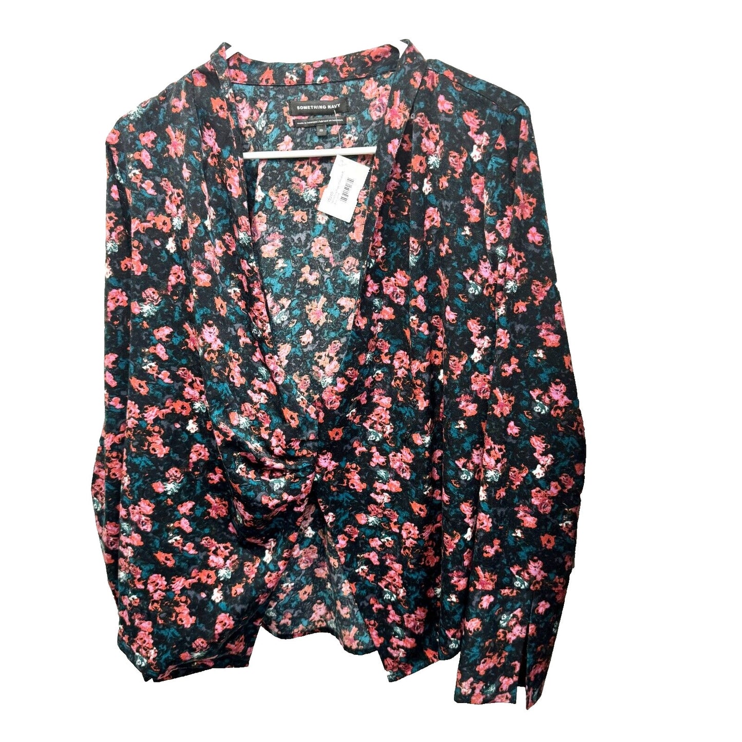 SOMETHING NAVY Blouse Women Size Medium Wrap Front Button Closure Floral Long