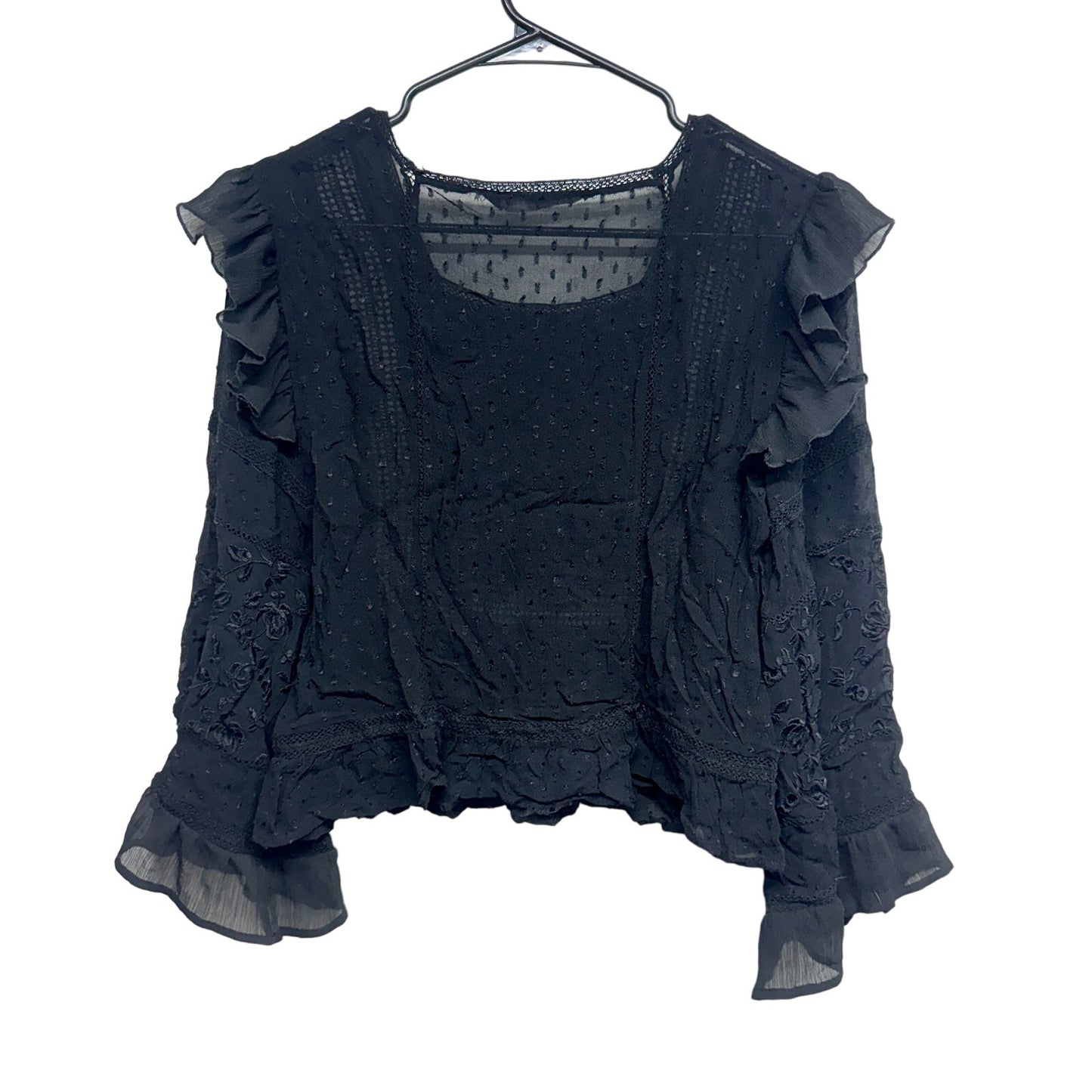 ZARA Women Black Ruffled Long Sleeve Boho Lace Sheer Top Size Small