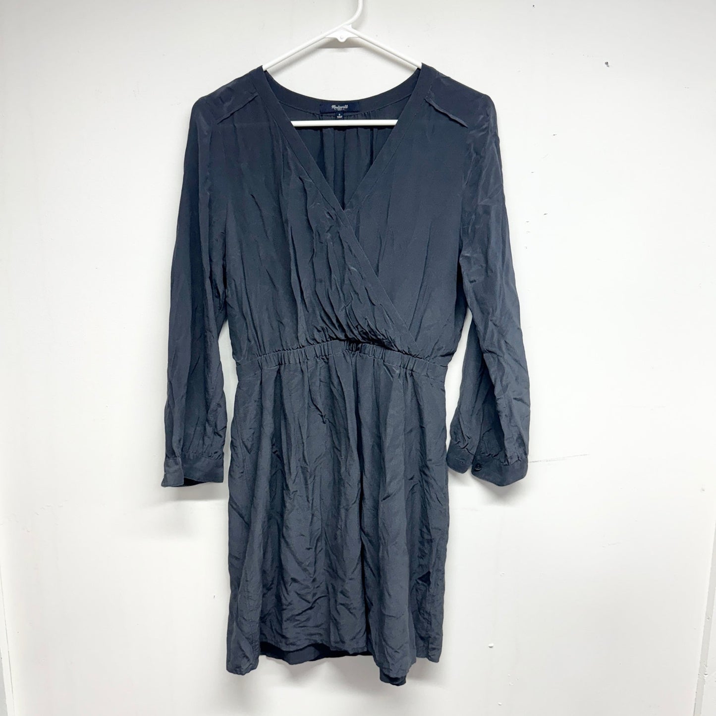 MADEWELL Women Navy Blue Long Sleeve Silk Faux Wrap Mini Dress Size Small