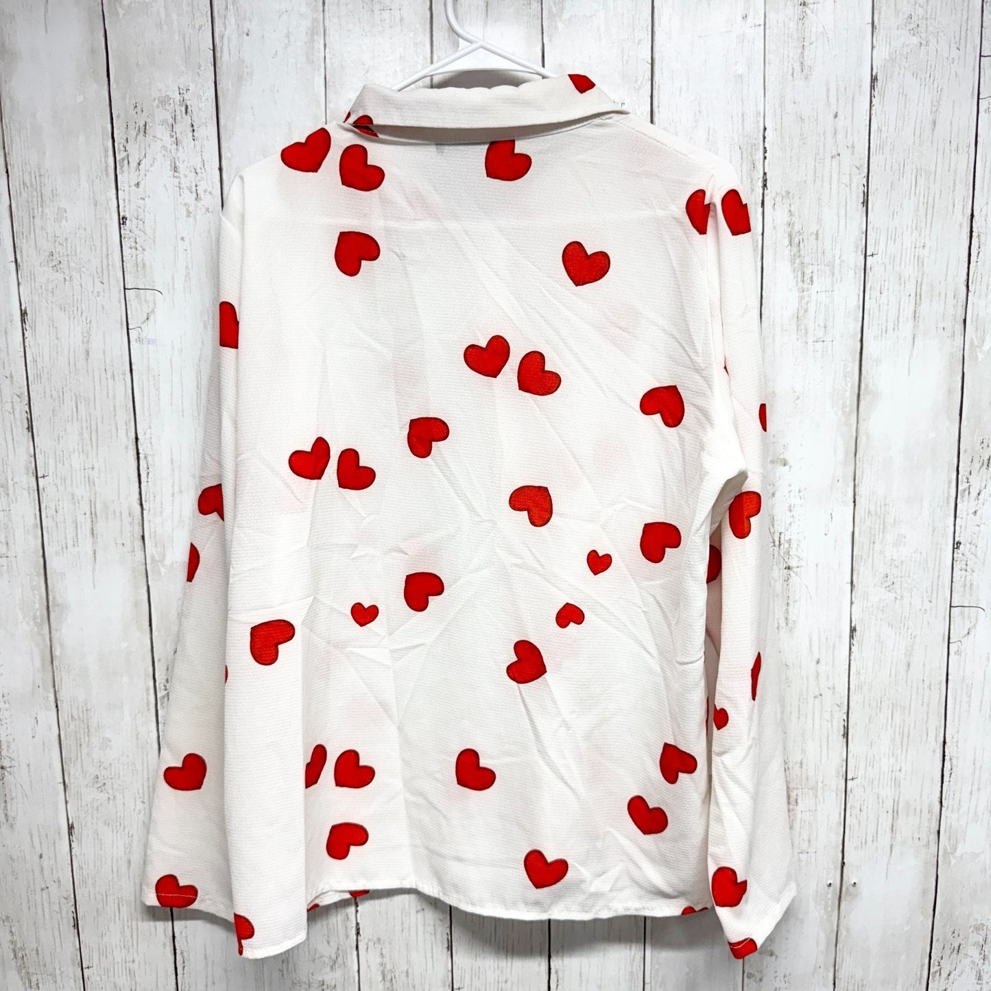 Boohoo Shirt Women Chest 42" White Heart Collared Long Sleeve Button Down Blouse