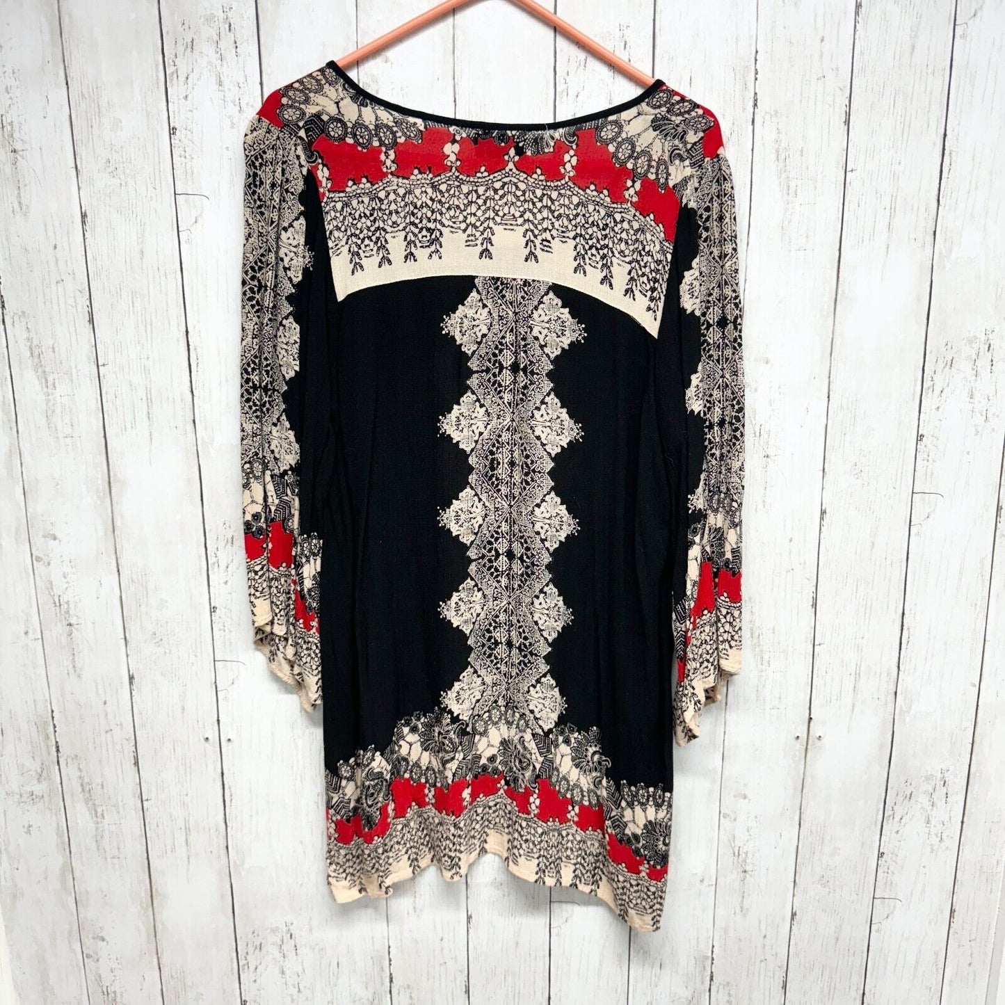 Angie Dress Women's Small Plus Size Black Boho Printed Bell Sleeve Tunic Tribal
