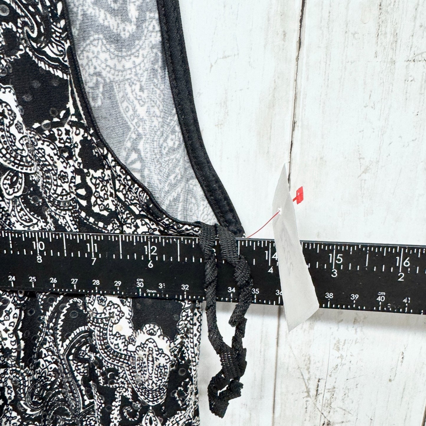 MSK Dress Women 27" Chest Black White Paisley Sleeveless Midi Ruffle Trim Sequin