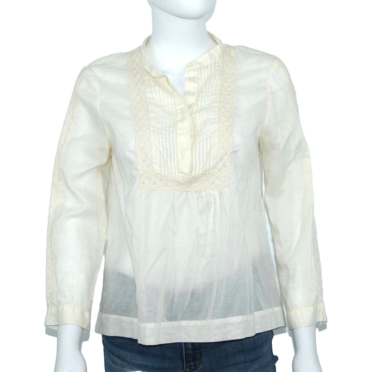 Madewell Lace Trim 1/4 Sleeve Pintuck Peasant Cream Blouse Size Small