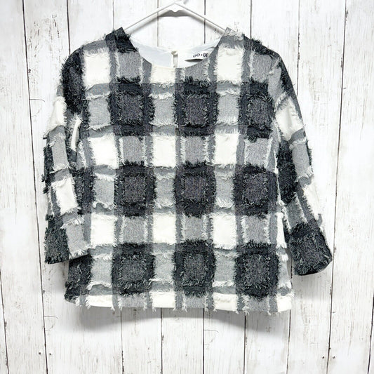 DO + BE Top Women Size Small Plaid 3/4 Sleeve Textured Round Short Grey Cotton