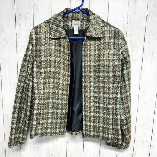Chicos Jacket Women 0 M/L Brown Full Zip Bomber Plaid Tweed Lined Preppy Shiny