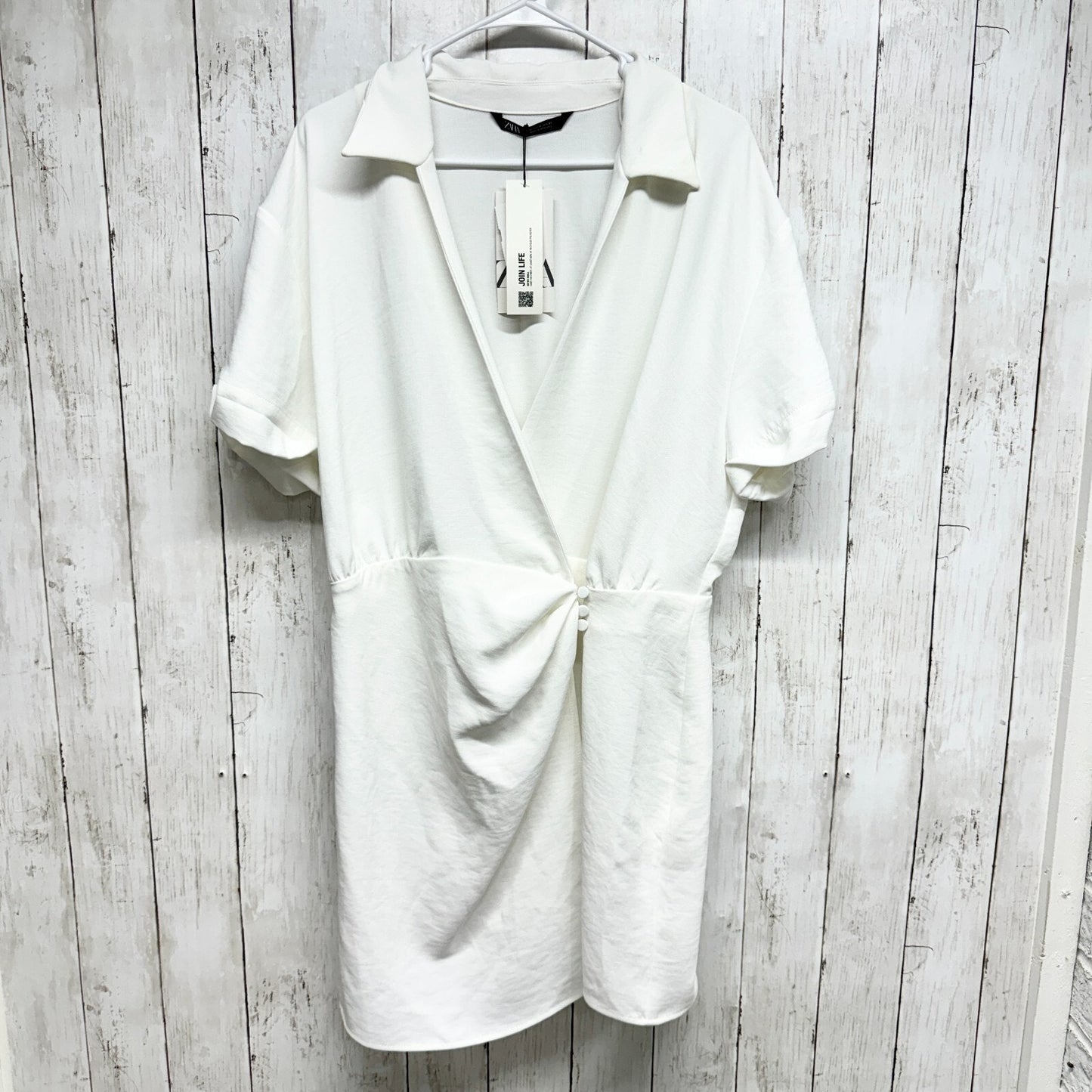 Zara Dress Women XL Off White Women's Cotton Blend Wrap Front Mini Short Sleeve