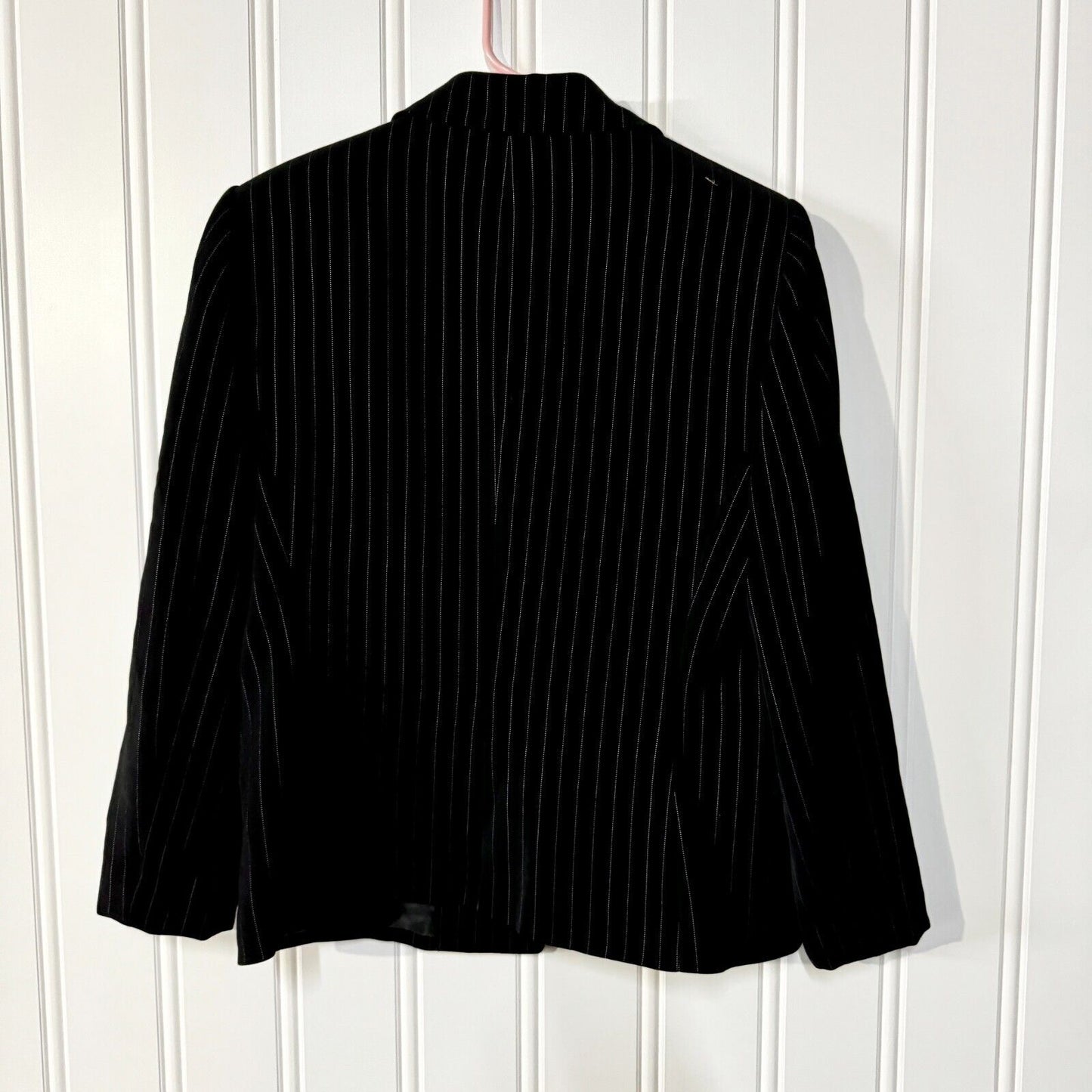 VTG Le SUIT Blazer Women Size 10 Striped Black Padded Shoulders Button Business