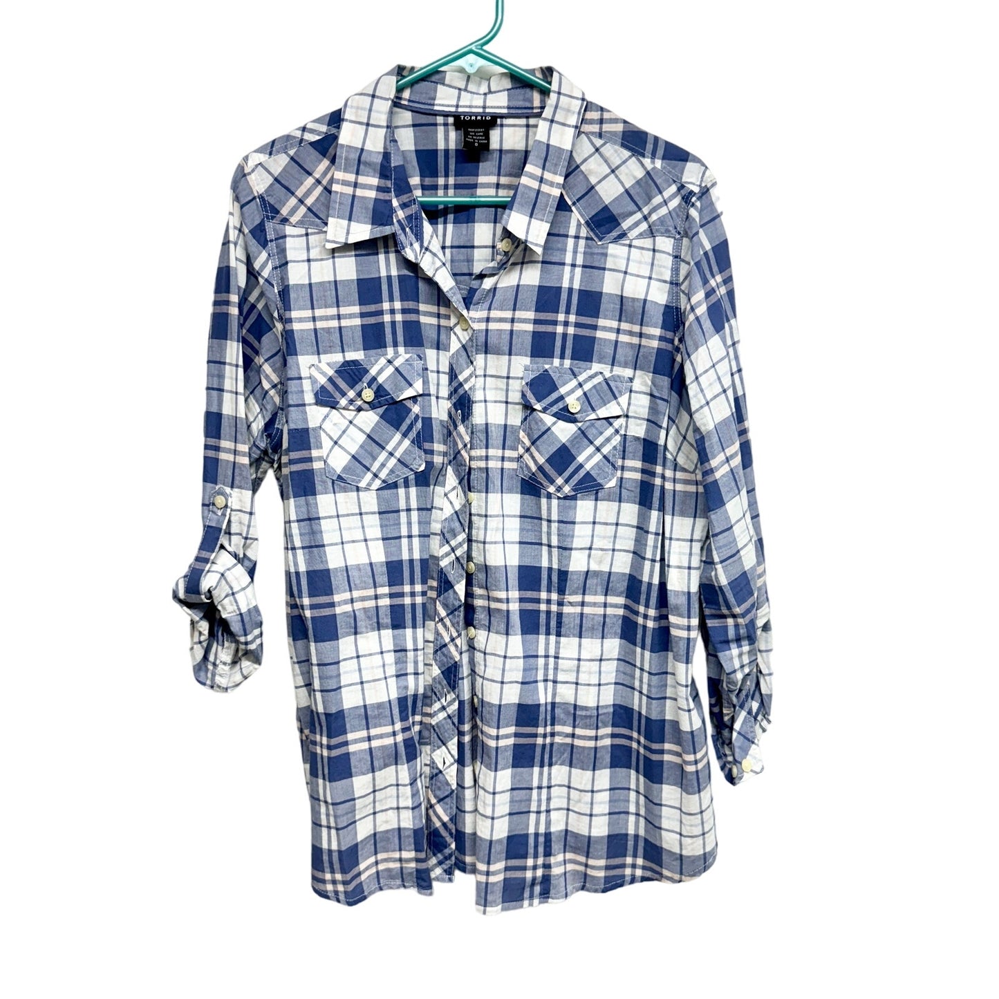 Torrid Women's Plaid Cotton Lightweight Blue White Button Down Top Size 0/Large