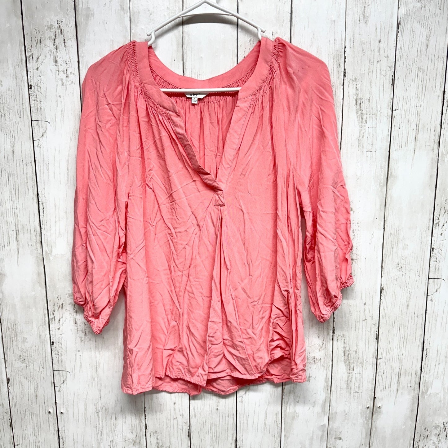 CROWN & IVY Blouse Women Size M Pink Puff Sleeve Deep V Neck Business Casual