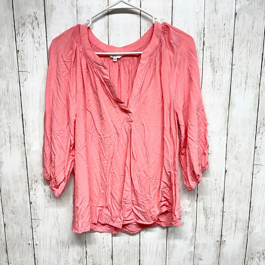 CROWN & IVY Blouse Women Size M Pink Puff Sleeve Deep V Neck Business Casual