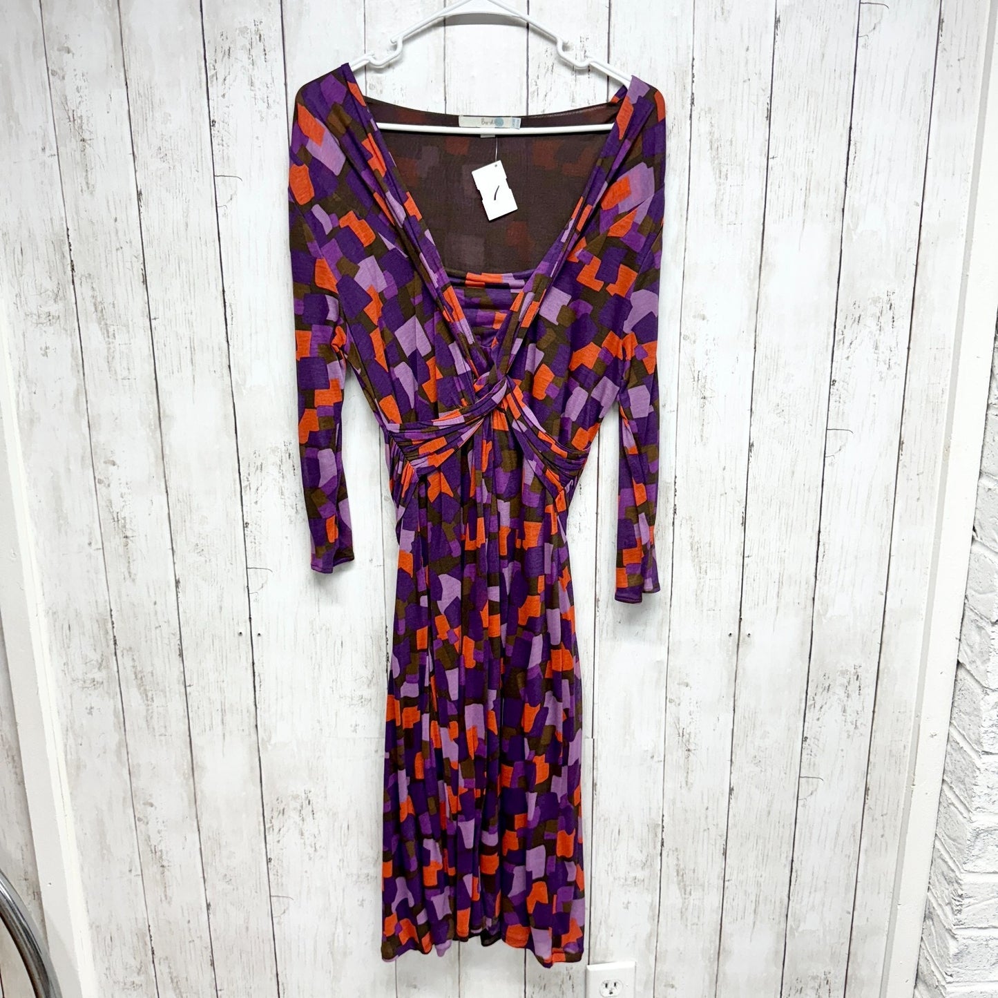 Boden Dress Women Size 10R Midi Long Sleeve Twisted Wide Open Neck Geometric