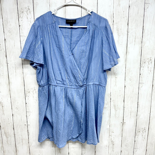 Lane Bryant Blouse Womens Plus Sz 16 Blue/Silver Stripe V-neck Top Short Sleeve