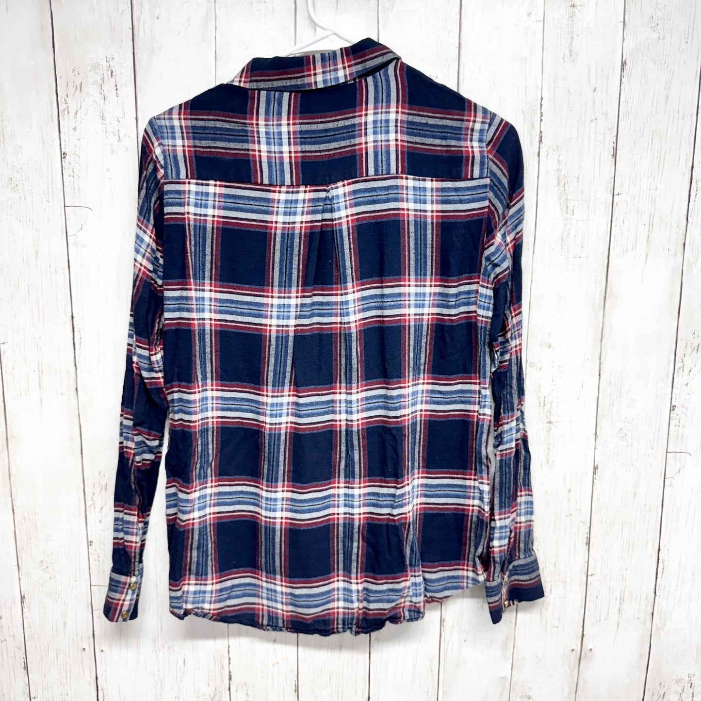 Zara Trafaluc Shirt Women Size Small Navy Plaid Collared Long Sleeve Button Down