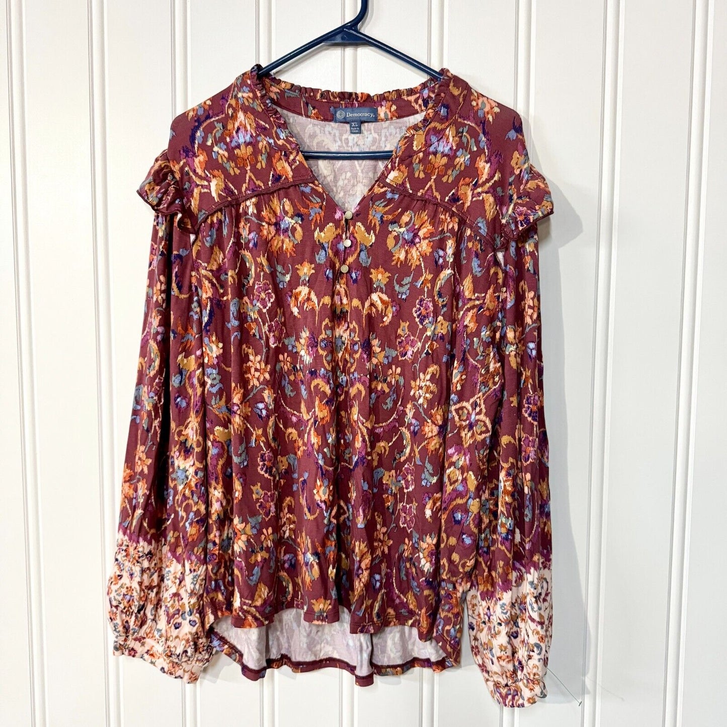 Democracy Top Woman XL Purple/Multicolor Jersey Long Sleeve Popover Ruffle