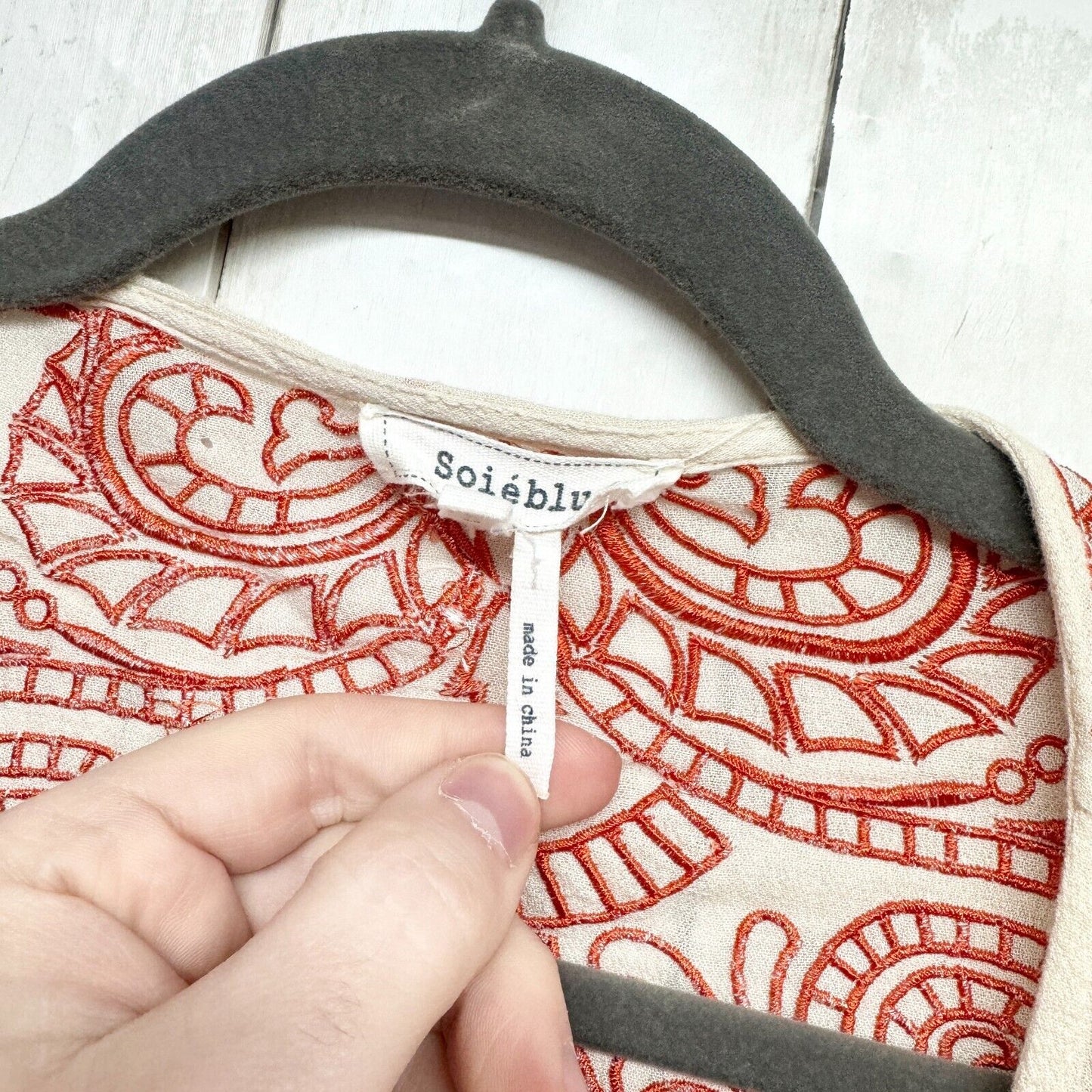 Soieblue Kimono Small Cream & Orange Embroidered Bohemian Duster Open Cardigan