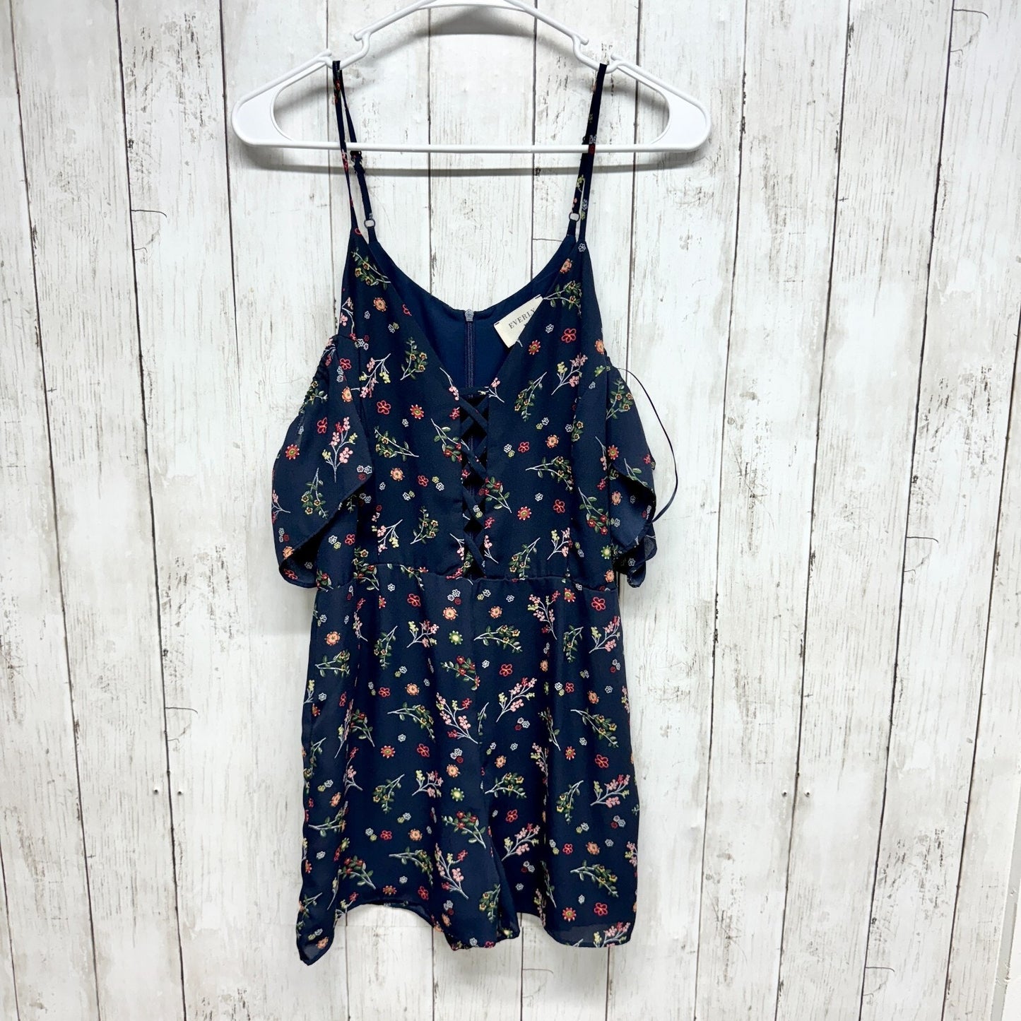 EVERLY Romper Women Size M Off Shoulder Mini V Neck Blue Floral Summer Casual