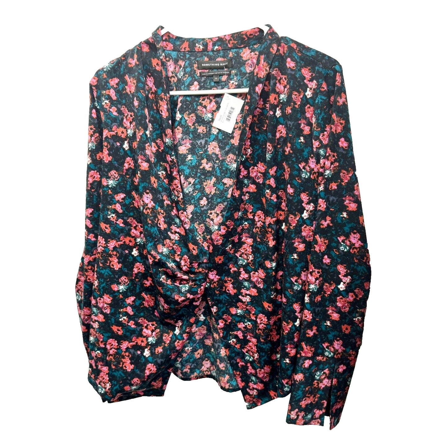SOMETHING NAVY Blouse Women Size Medium Wrap Front Button Closure Floral Long