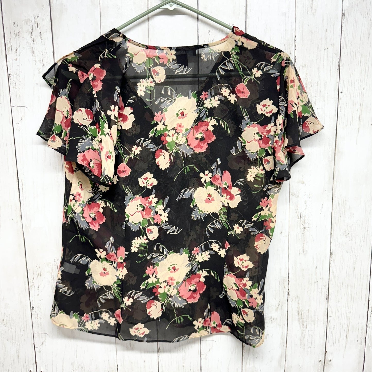 CHAPS Top Women's Size M Short Sleeve Shell Black Floral Print Sheer V Neck