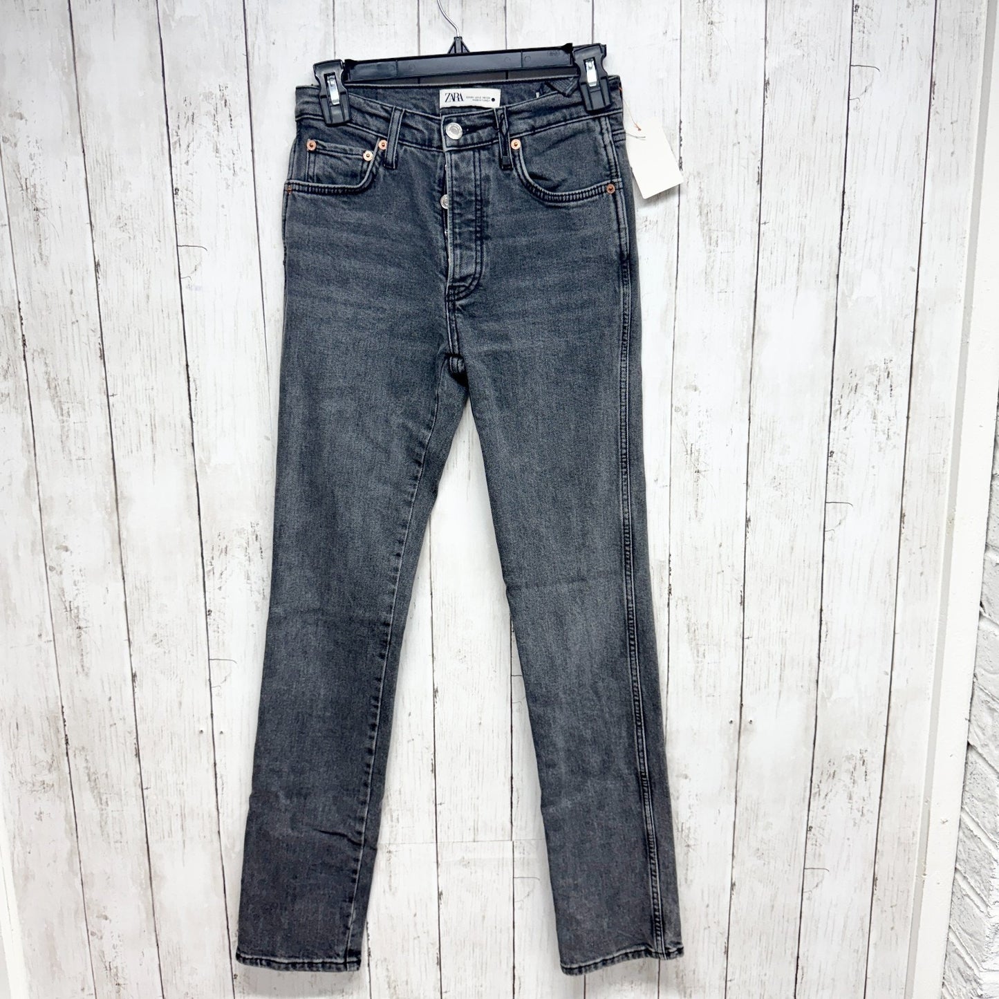 Zara Pants Women Size 2 Washed Black High Rise Straight Denim Jeans Button Fly