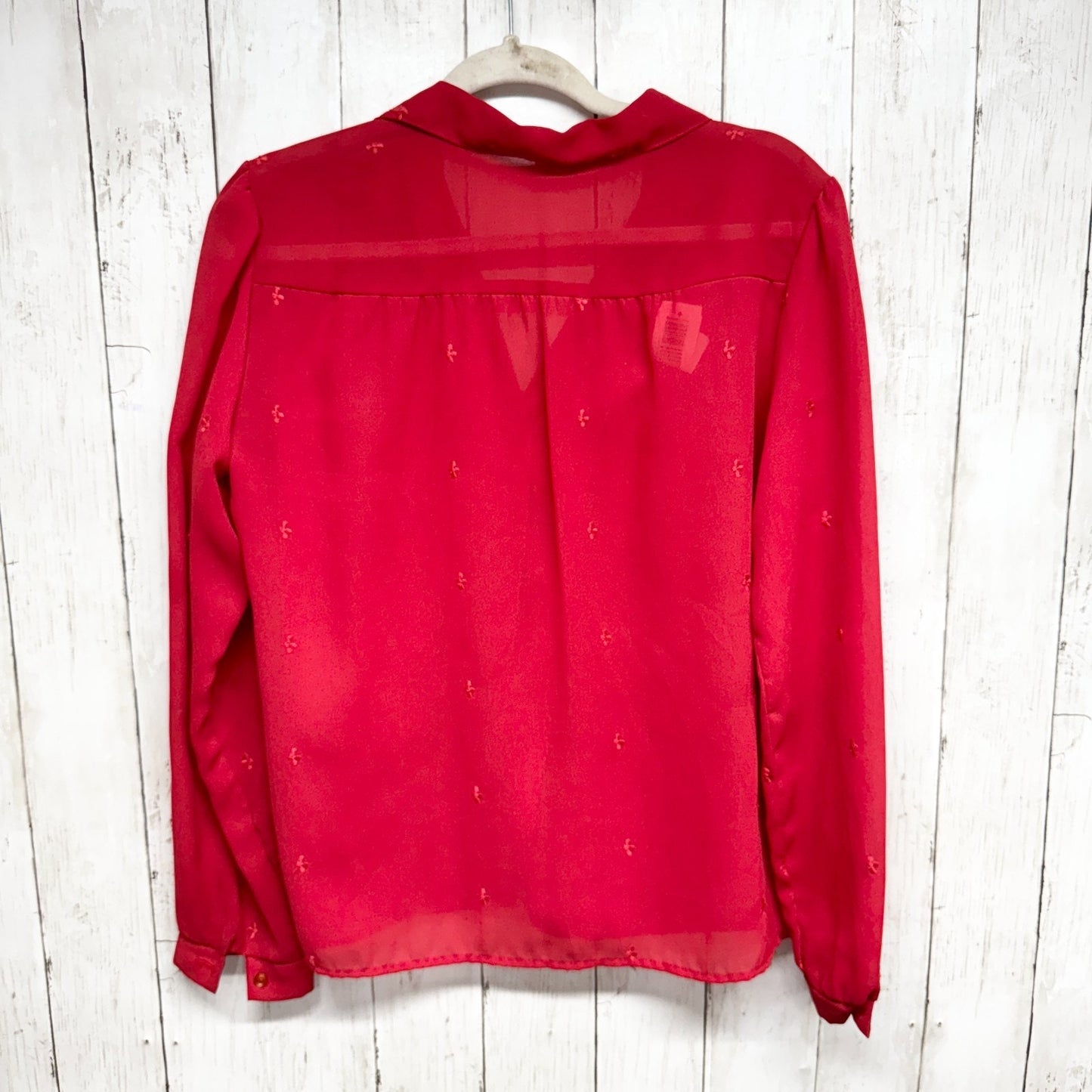 Vtg La Bonne Blouse Women 41" Chest Red Collared Embroider Long Sleeve Button Up