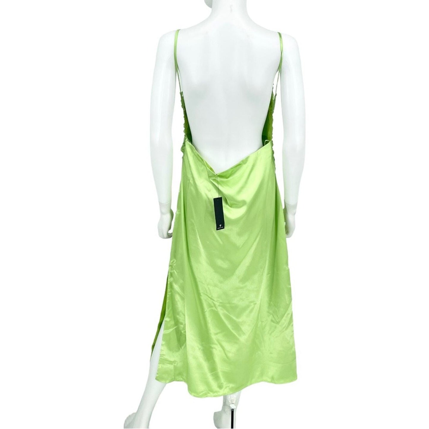 LULUS Maxi Dress Women Size Large Behold Lime Satin Evening Spaghetti Strapped