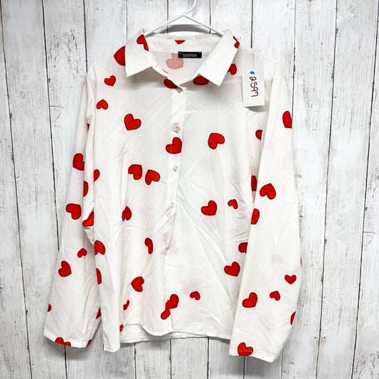 Boohoo Shirt Women Chest 42" White Heart Collared Long Sleeve Button Down Blouse