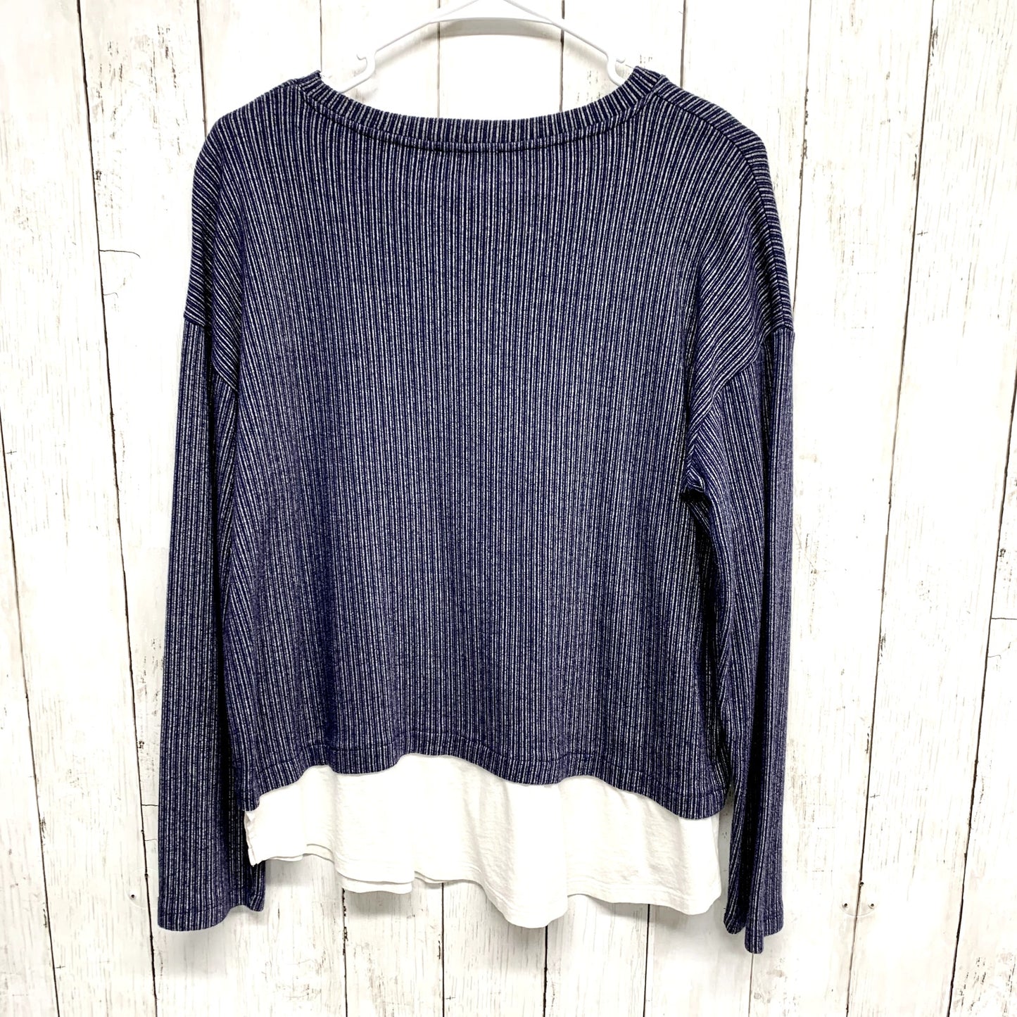 Zara Top Women Size M Long Sleeve Navy Blue Crewneck Textured Double Layered