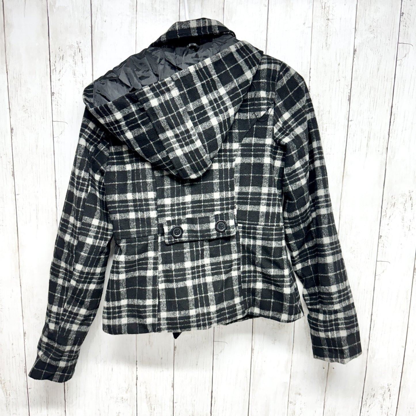 Y2K JouJou Jacket Women Size XS Plaid Hooded Peacoat Black White Button Pockets
