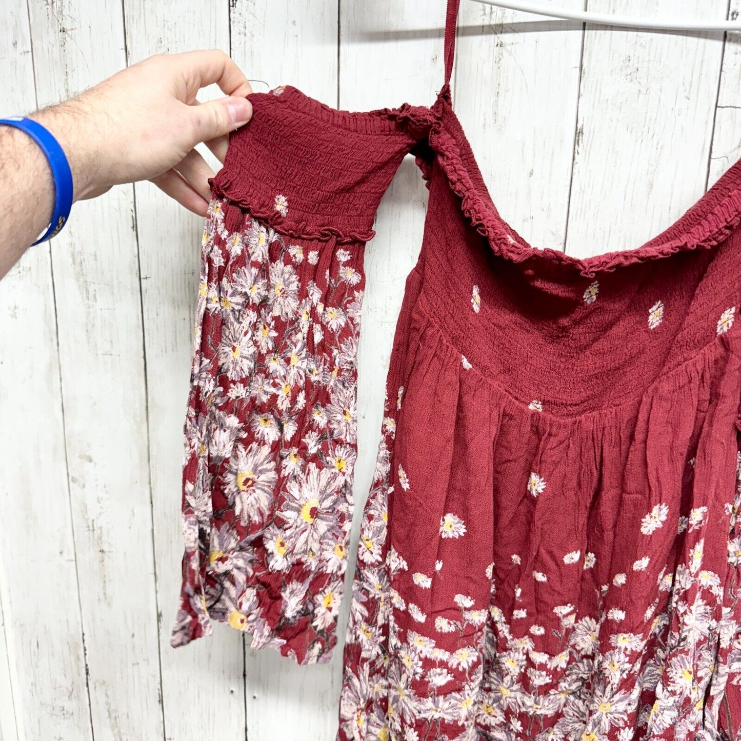 ECOT'E Top Women Double Cold Shoulder Long Sleeve Floral Red Strapless Rayon