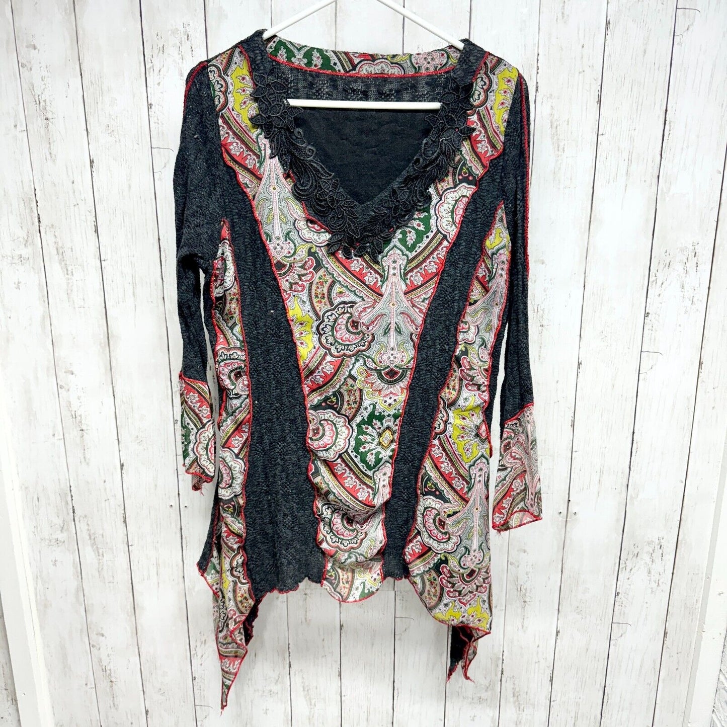 UNKNOWN Blouse Women Sz M High Low Long Sleeve Deep B Floral Paisley Multicolor
