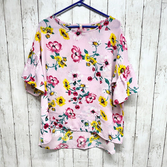 RED LOLLY Shirt Women M Short Sleeve High Low Floral Pink Round Neck Polyester
