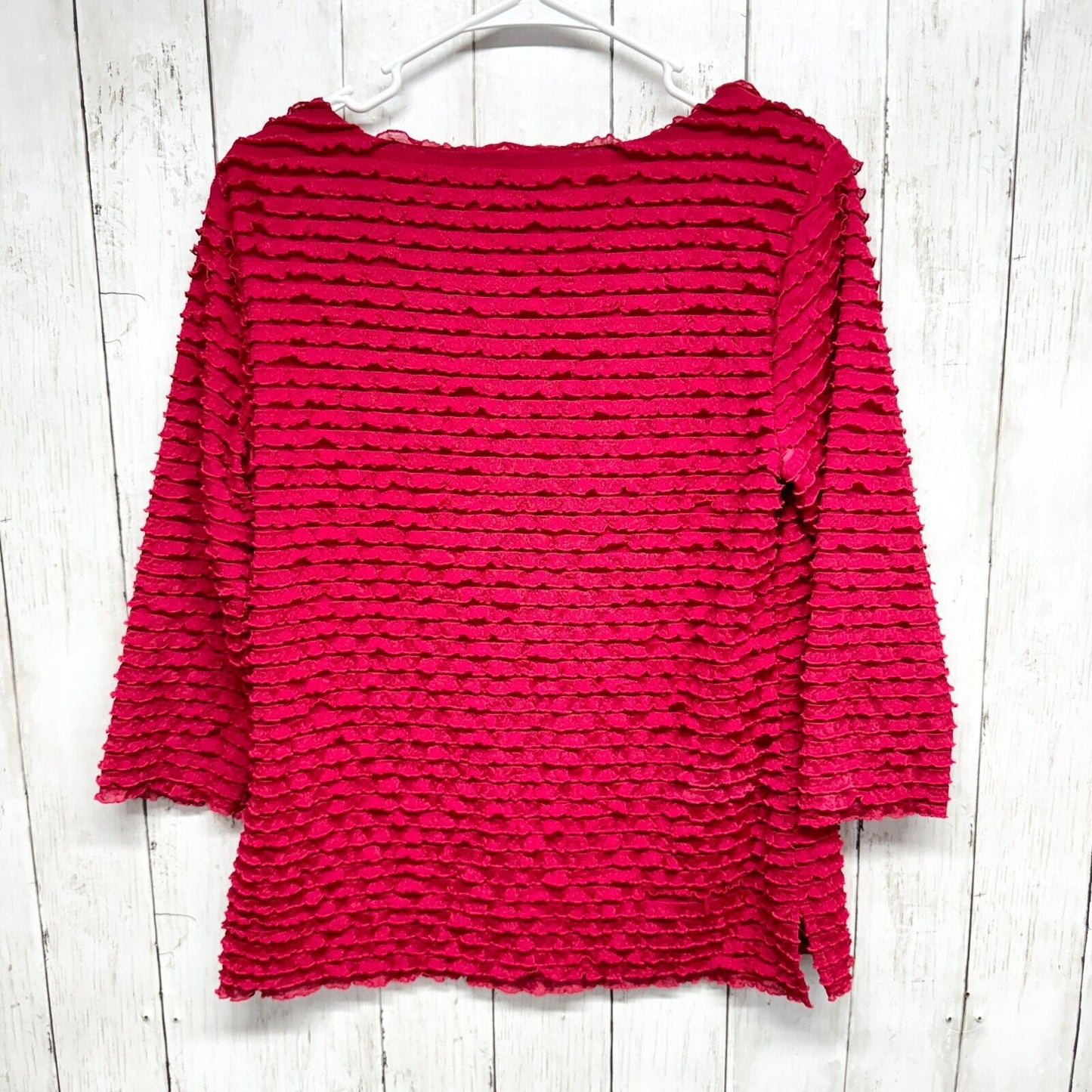 COLDWATER CREEK Blouse Women Size S Red Ruffled Pleated 3/4 Sleeve Wide Neck